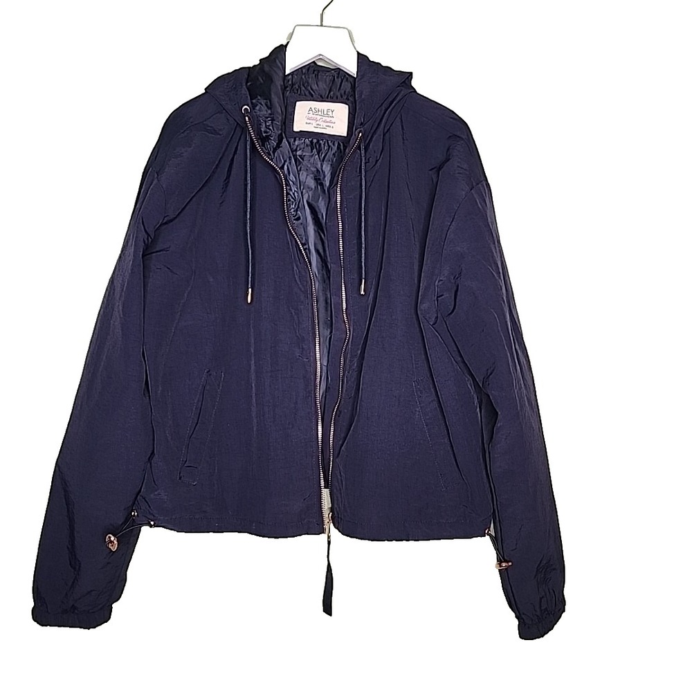 Ashley by 26 International Utility Collection Jacket L Blue Hood Zip Lightweight